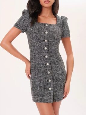 Chloe Black & White Tweed Midi Dress with Decorative Buttons